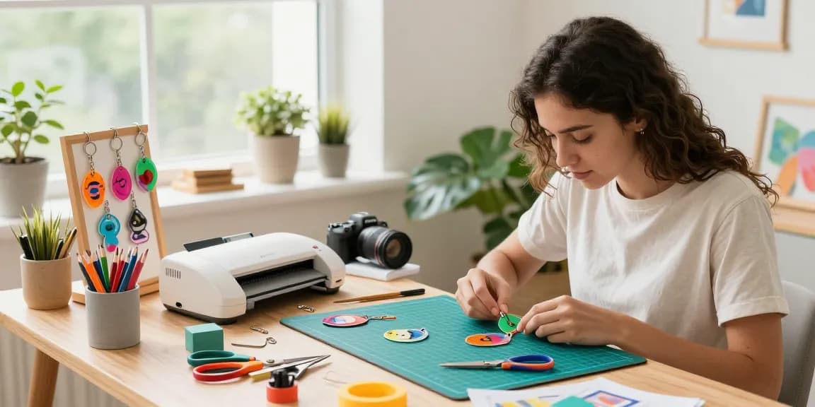 Custom keychains being personalised at a vibrant home workspace with creative tools and colourful designs.