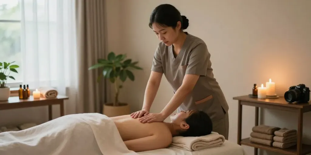 송파출장안마 therapy scene with skilled therapist providing massage in a calming studio setting.