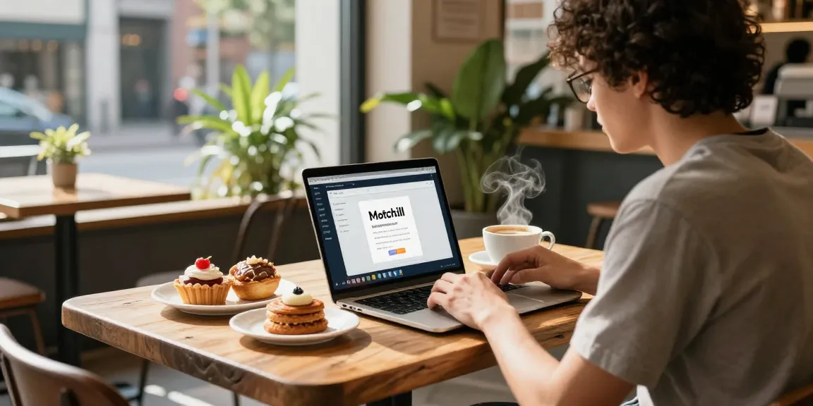 Individual savoring coffee and pastries while using Motchill software in a stylish café.