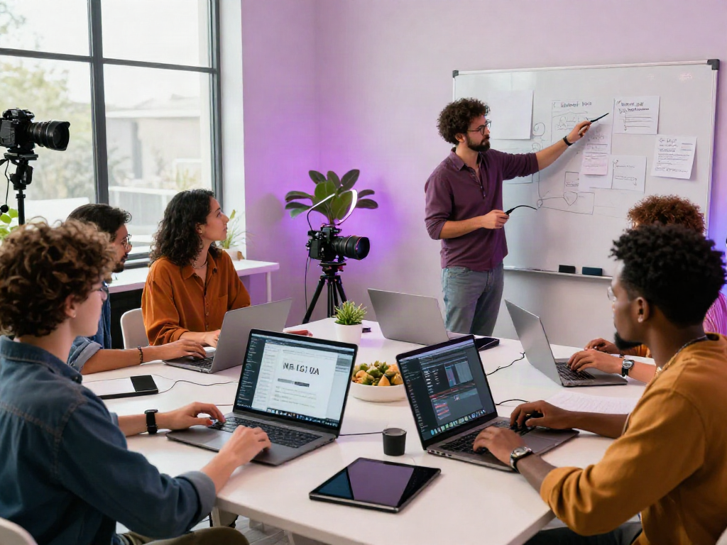 Dynamic NSFW AI content creation studio with diverse creators collaborating.