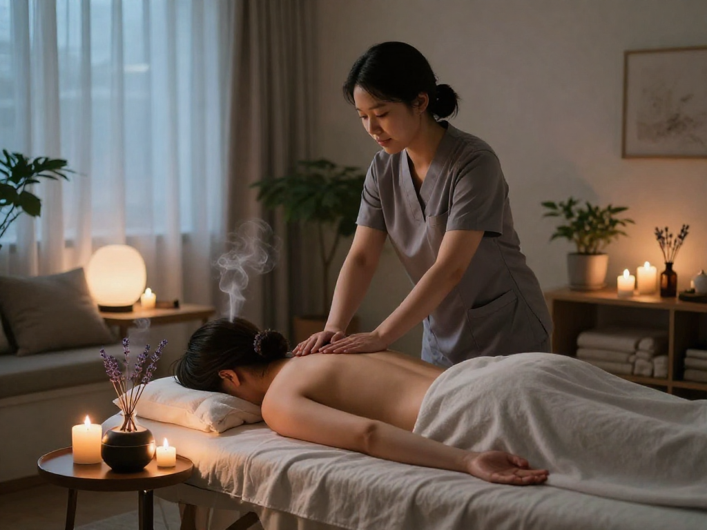 Experience a soothing 군포출장마사지 as a professional therapist creates a serene environment with calming decor and soft lighting.