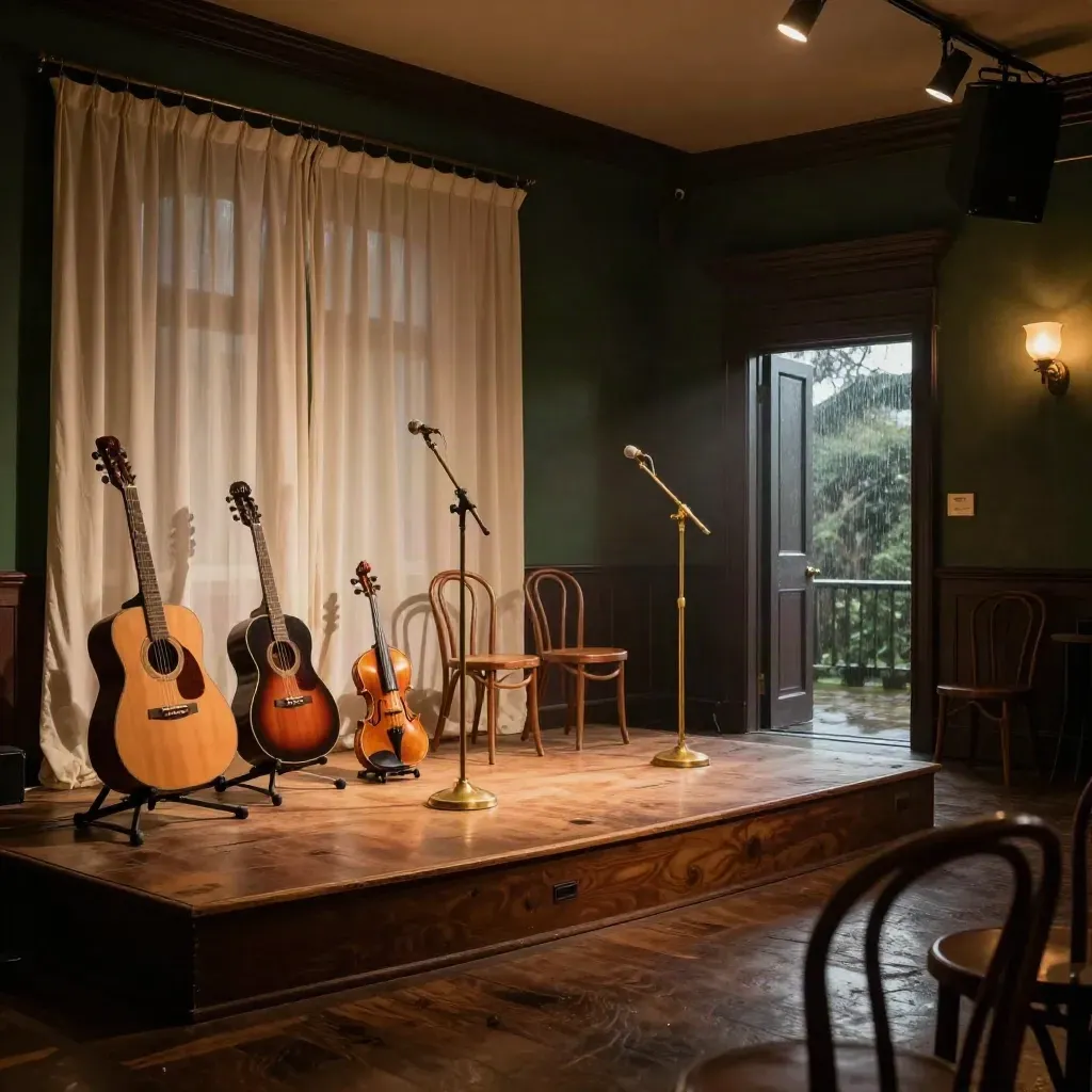 Empty heritage pub folk club stage with guitars, fiddle, chairs and warm curtains in drizzle.