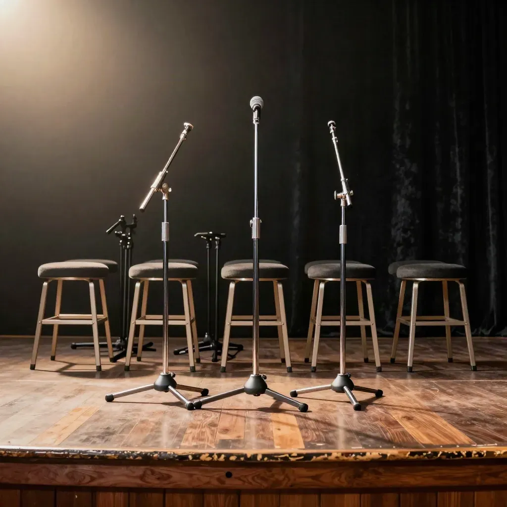 Open-mic stage with three mic stands, guitar stands and stools in warm theatrical haze.