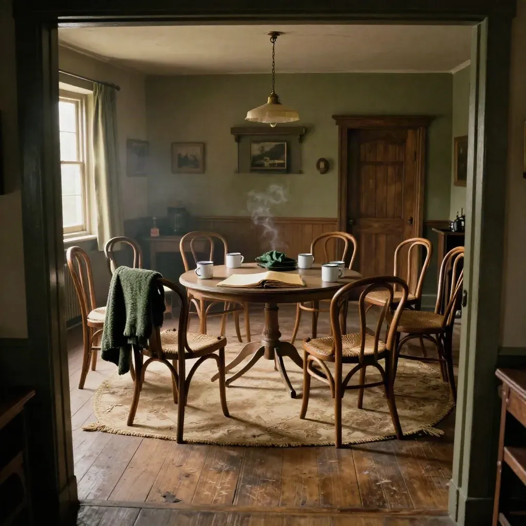 Empty song-circle room with bentwood chairs, mugs, blanket, and tea steam in warm low light.
