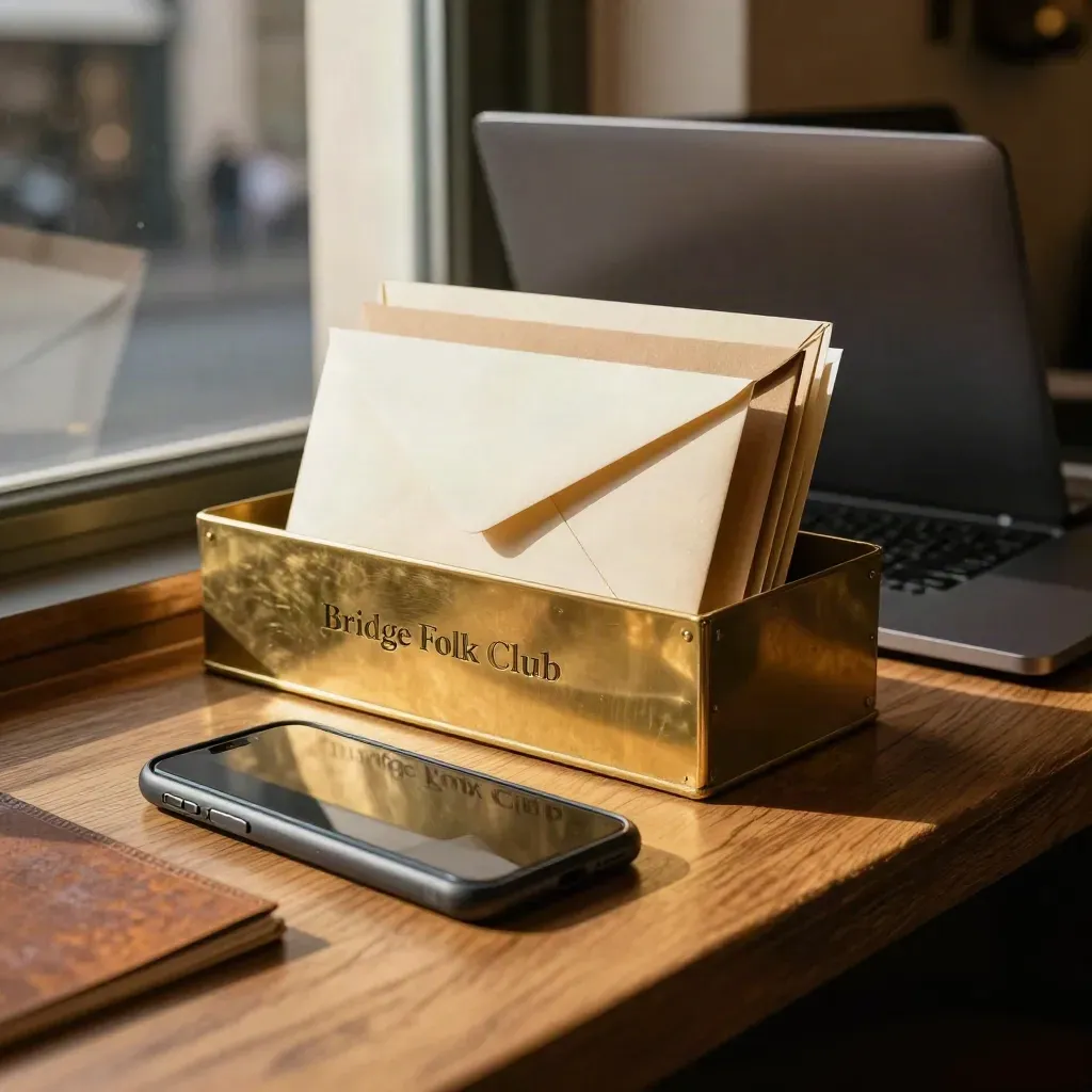 Brass tray, envelopes, closed laptop and face-down phone on an oak counter in warm window light.