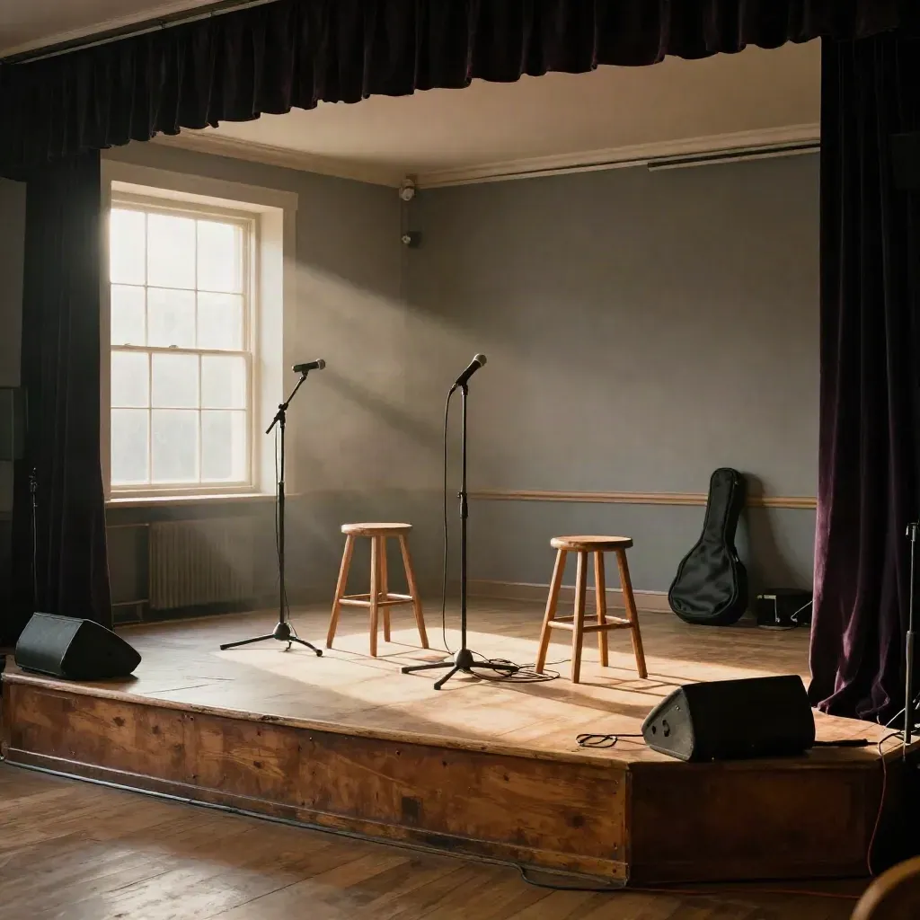 Empty folk club stage with mic stands, stools, cables, and a closed case in warm late-afternoon light.