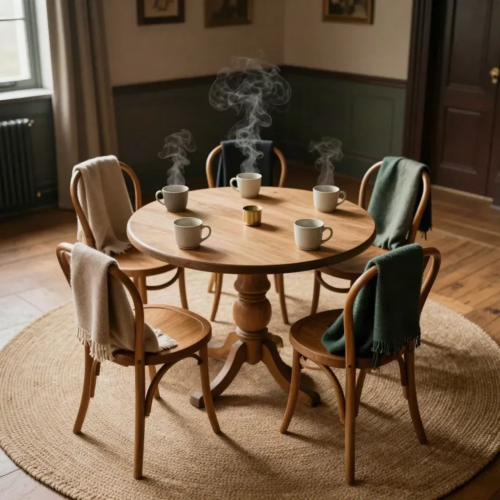 Bridge Folk Club song circle with chairs, mugs and scarves around a low oak table in warm window light