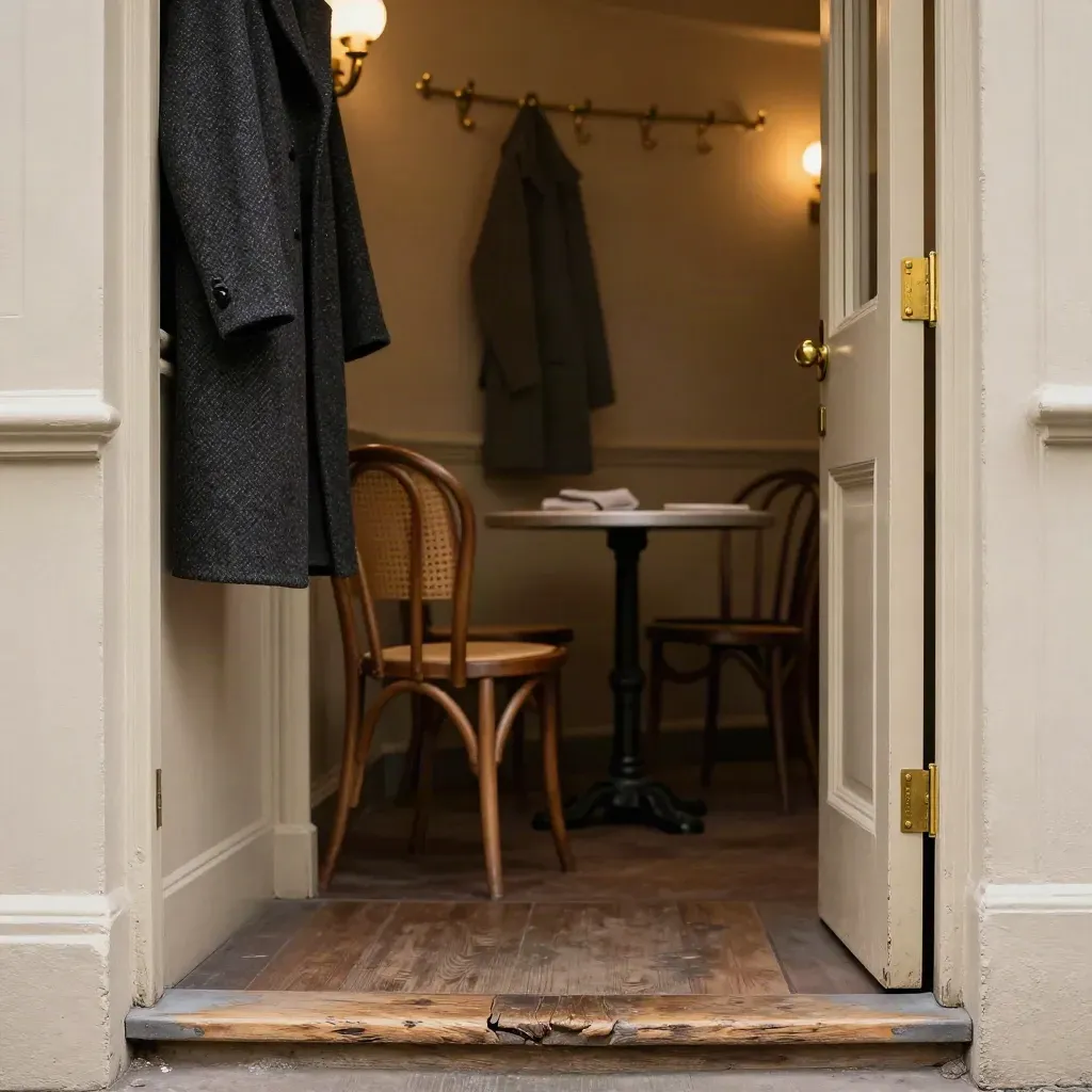 Empty folk club doorway with coats on pegs, spare chair and clustered tables in amber light.