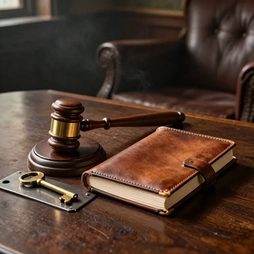 Oak gavel, brass key and leather minute book on a dark wood club table in dramatic light.