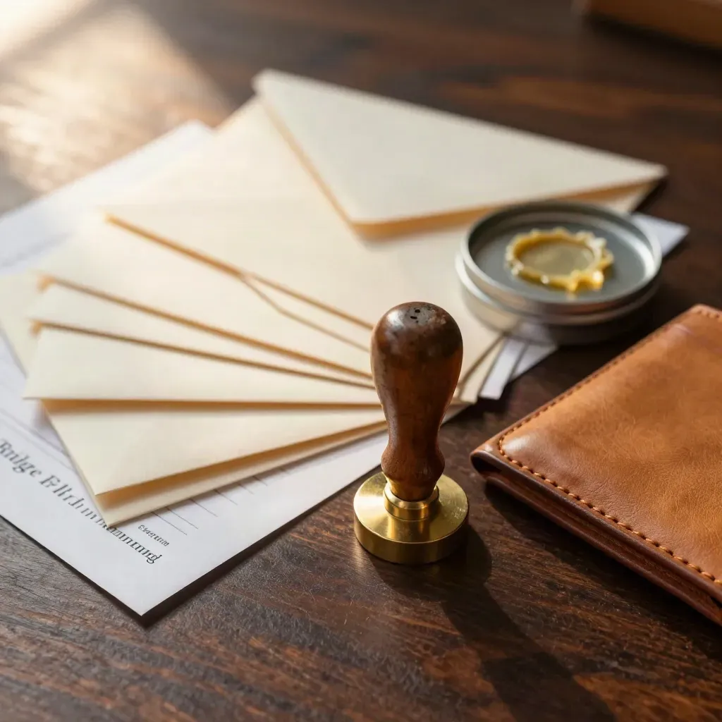 Brass stamp, envelopes, seal tin and card wallet on a dark oak workbench