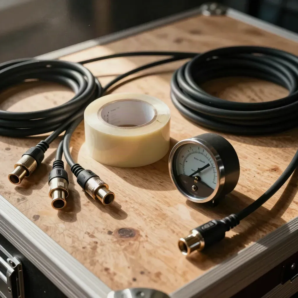 Coiled XLR leads, jack plugs, cream gaffer tape and a level meter on a stage case.