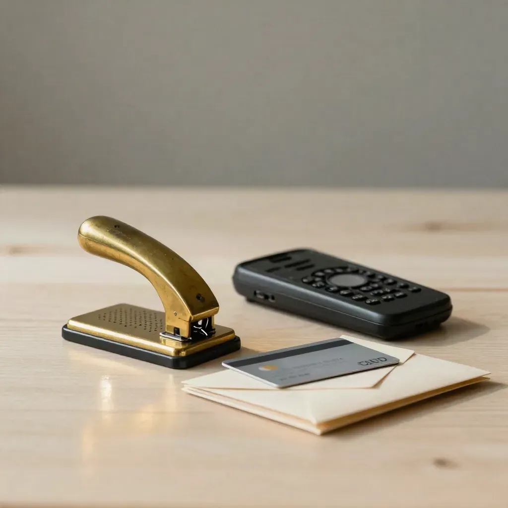 Brass ticket punch beside a phone, bank card and cream envelope stack on pale wood.
