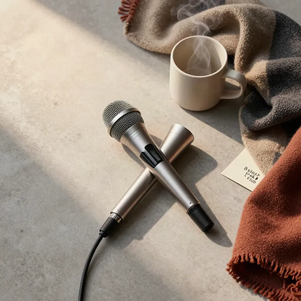 Overhead flatlay of mic, capo, steaming mug and folded blanket on pale concrete