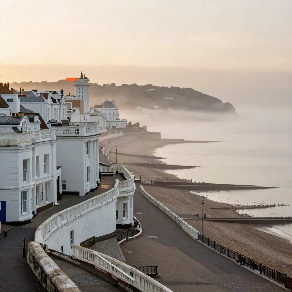 Brighton seafront and hillside rooftops under sea mist, warm dusk, calm space for copy