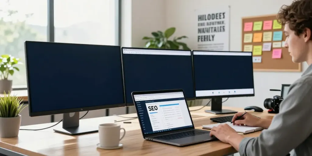 SEO specialist utilizing instant indexing tools in a bright marketing office.