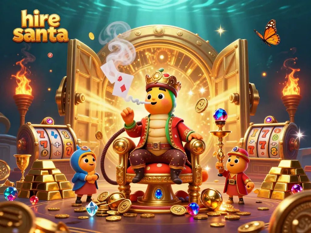 Experience the thrill of hire Santa with a vibrant casino-themed illustration bursting with gold and excitement.