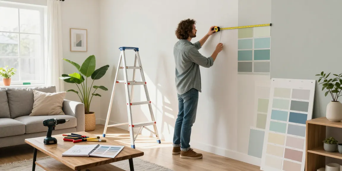 Homeowner measuring wall space with seanbowieforaz paint swatches and tools in a bright living room.